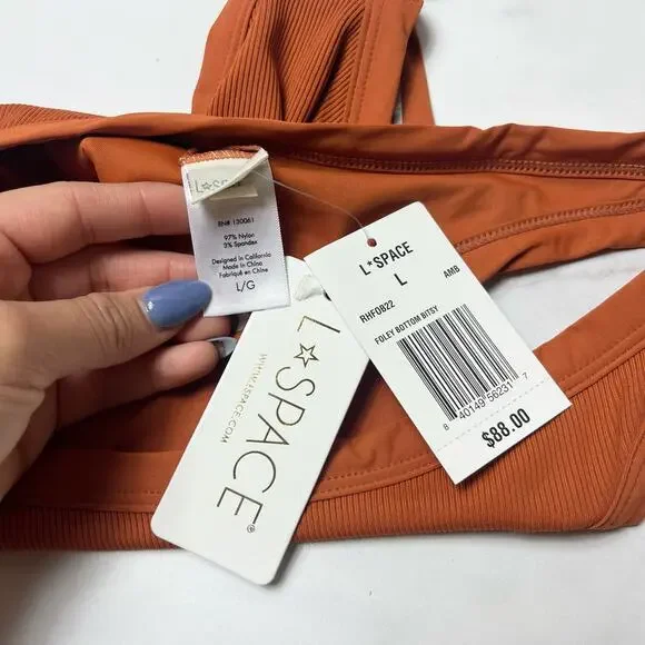 L*SPACE Foley Bikini Bottom Bitsy Cut Amber Rust Ribbed Stretch Large NEW - Picture 5 of 5